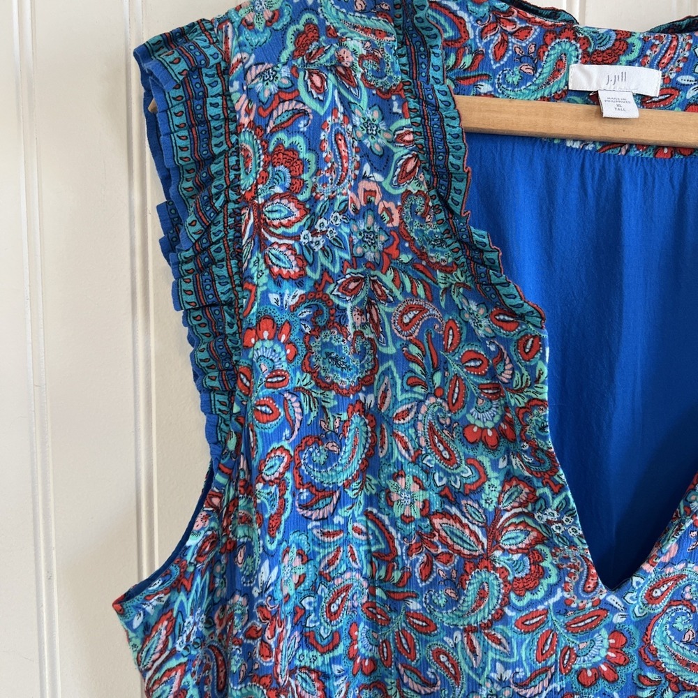 J JILL Women's Coastal Ruffles Sleeveless Midi Dress Blue Paisley Floral Sz XL T - Picture 5 of 9